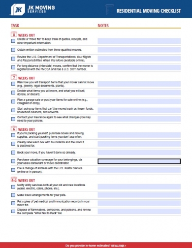 Residential moving checklist