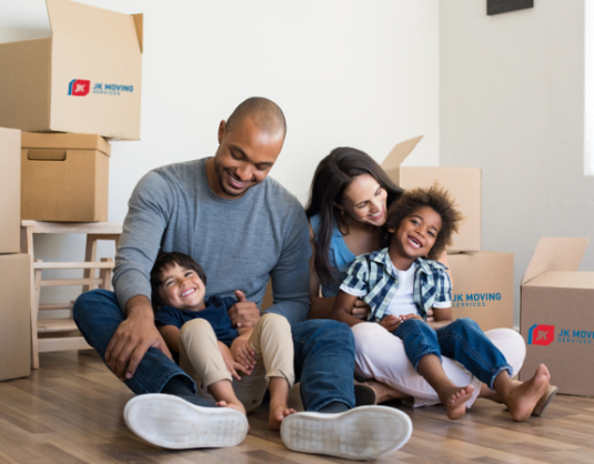 Family with moving boxes