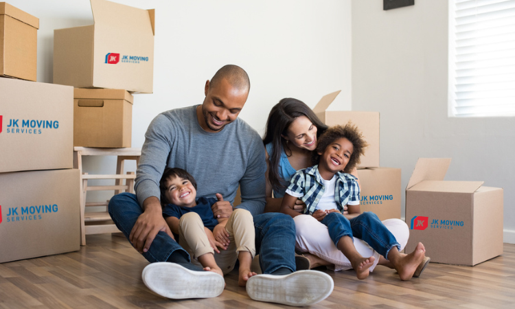 Family with moving boxes