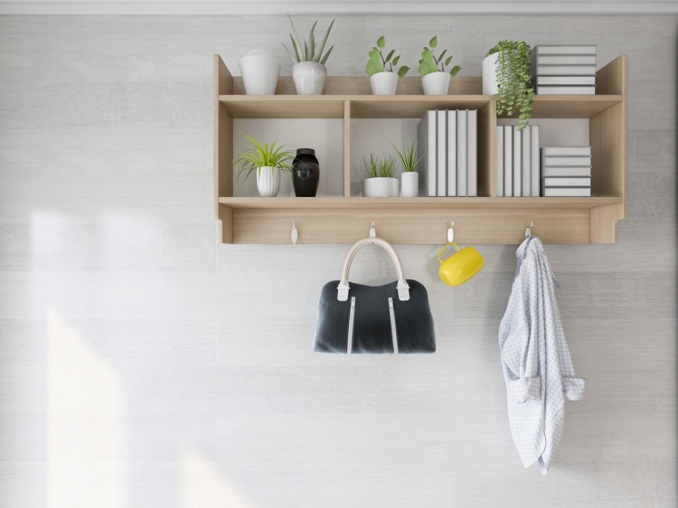 wall-mounted storage shelf with hooks