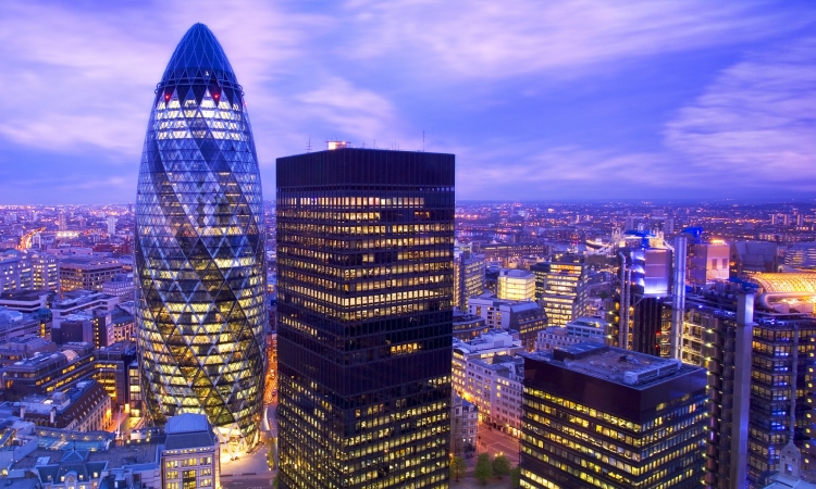 Elevated view of the financial district of London at dusk london england