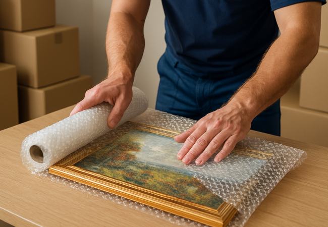 An expert carefully wrapping a fine art painting with protective materials, ensuring the artwork is secure for transportation or storage.