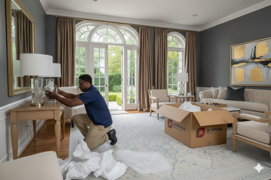 White-glove mover unpacking delicate items inside a luxury home.