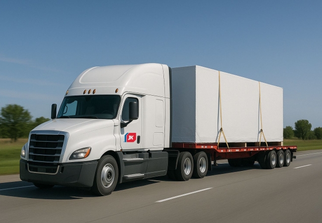 Flatbed truck loaded with wrapped equipment arriving at a construction site while a worker guides positioning.