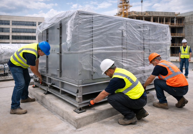 Technician positioning industrial equipment during final installation
