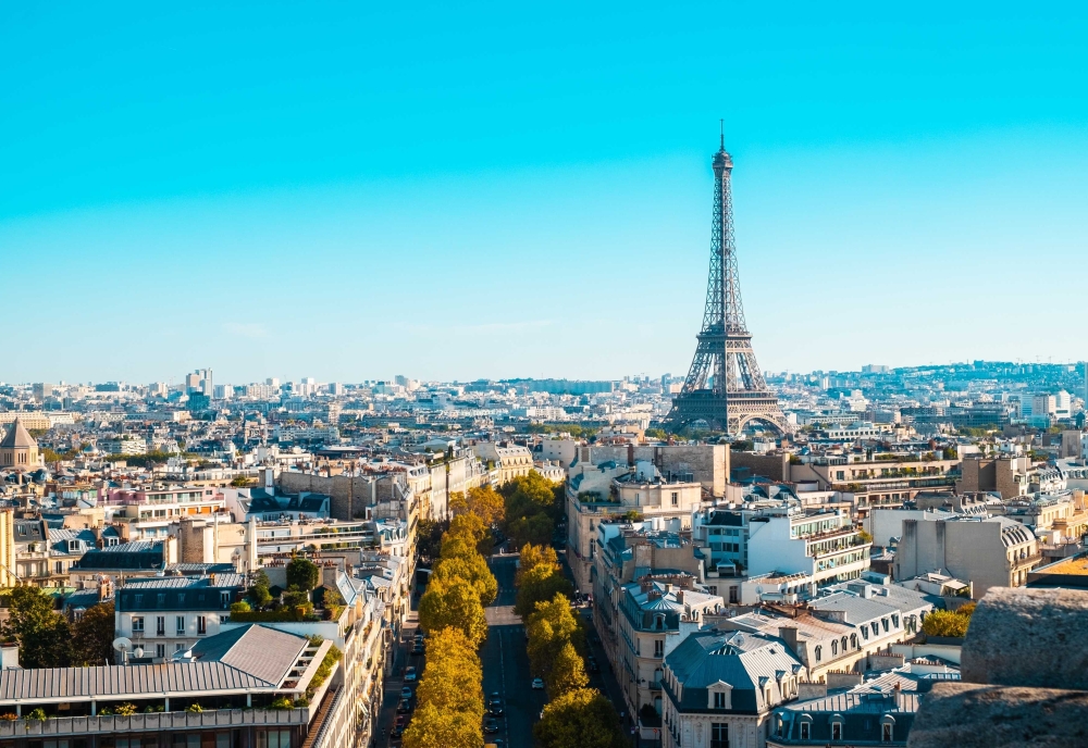 View of the Eiffel Tower and Paris skyline in France
