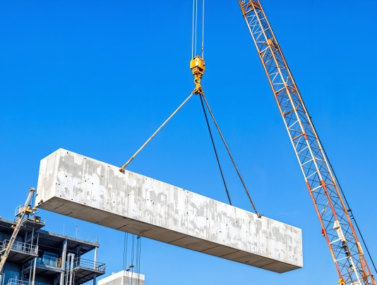 Crane lifting a large concrete beam during an industrial heavy lift operation