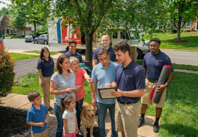 JK move manager reviewing the move plan on a tablet with a family outside their home as the JK crew and truck stand ready