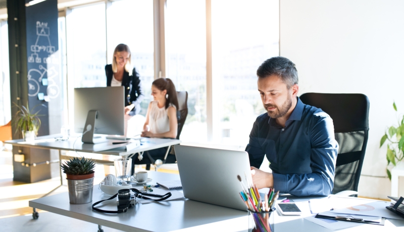 HR and global mobility professionals working at laptops in a bright, modern open office